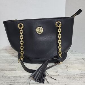 Anne Klein Faux Black Leather Purse‎ With Gold Color Chains EUC Tassel Shoulder